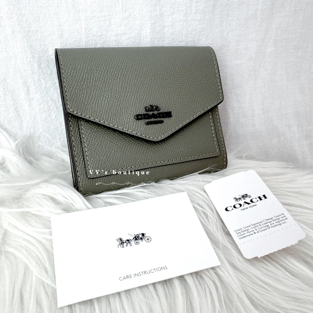 NWT Coach Crossgrain Leather Small Wallet Trifold Light Fern Army Green 58298 - Picture 2 of 5